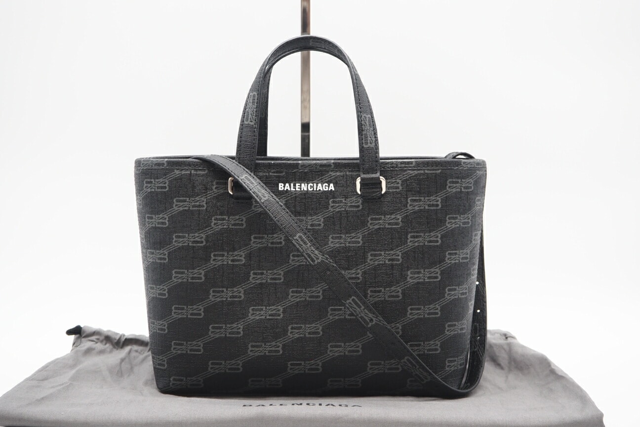 極美品 BALENCIAGA バレンシアガ BBモノグラム シグネチャースモールショッパーバッグ 702699 2wayトートバッグ ブラック グレー コーティングキャンバス レディース