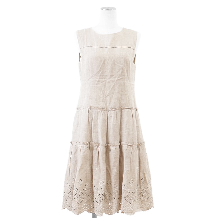 【SALE】FOXEY フォクシー ノースリーブワンピース リネン100% スカラップレース ティアード ギャザーフリル カットワーク エンブロイダリー 刺繍 ドレス レディース サイズ 40 サンドベージュ 日本製 38115
