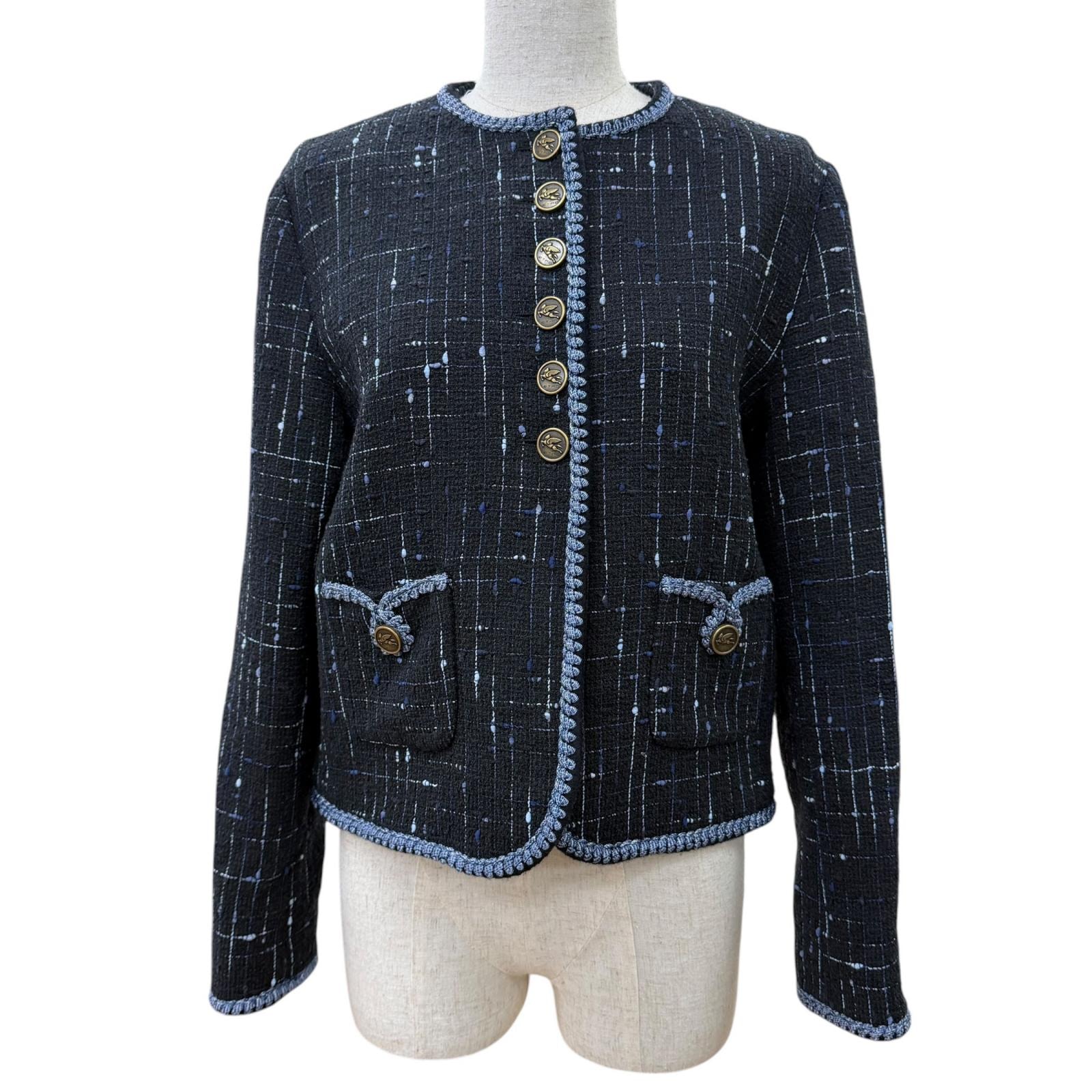 極美品 エトロ ノーカラージャケット ブラック レディース 40