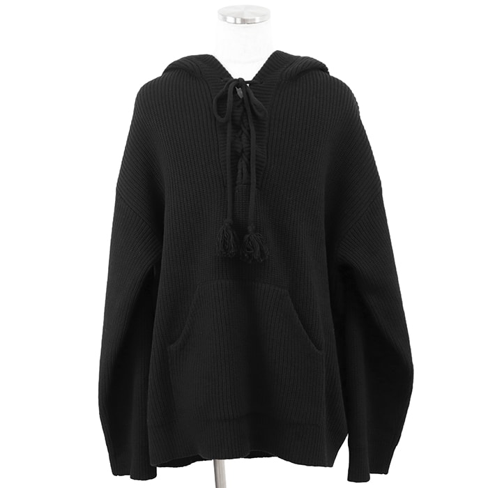 【極美品】CELINE セリーヌ バハニットパーカー サイズ XL メンズ フーディー レースアップネック ロゴ ジャガード ドロップショルダー プルオーバー ロングスリーブ 長袖 ウール100% トップス ブラック 黒 イタリア製 エディスリマン期