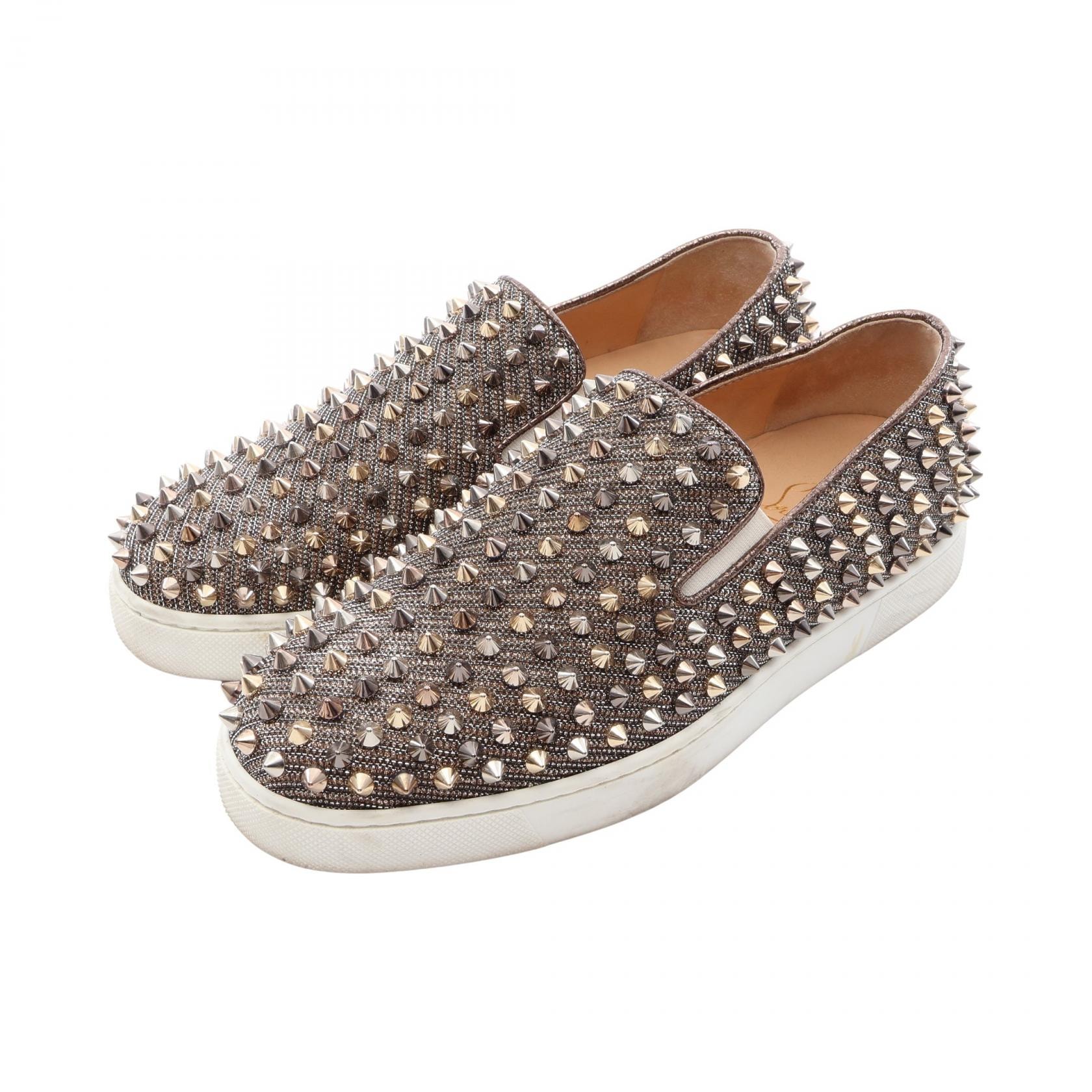 クリスチャンルブタン Christian Louboutin スパイクスタッズ スリッポン 靴 ファブリック レディース ゴールド系 / シルバー系 【中古】