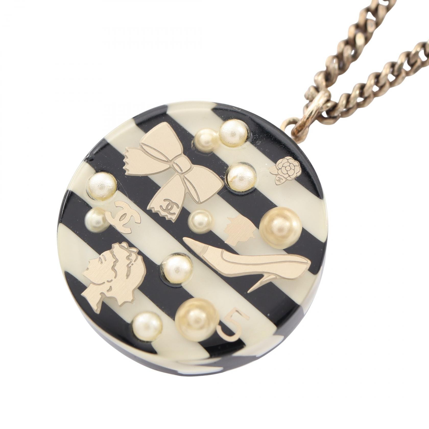 シャネル CHANEL ココマーク アイコン ボーダー ネックレス ジュエリー GP(ゴールドメッキ) レジン / フェイクパール レディース クリア系 / ブラック系 / マルチカラー 【中古】