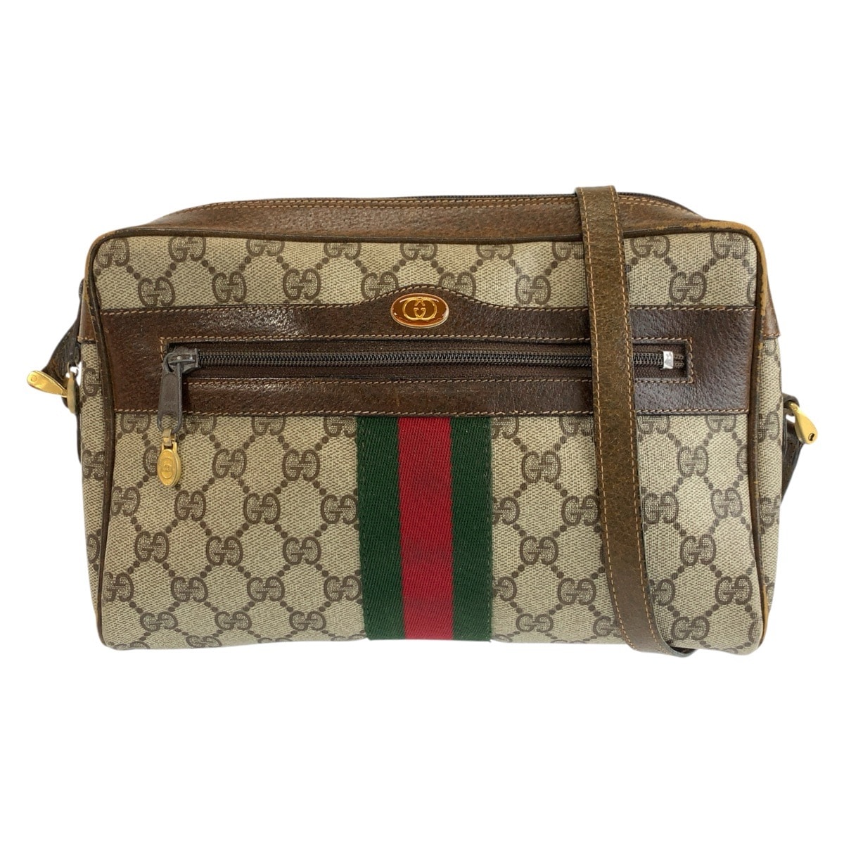 GUCCI グッチ ヴィンテージ シェリーライン ベージュ ブラウン ゴールド金具 GGスプリームキャンバス レザー/ ショルダーバッグ ポシェット 604576 【中古】