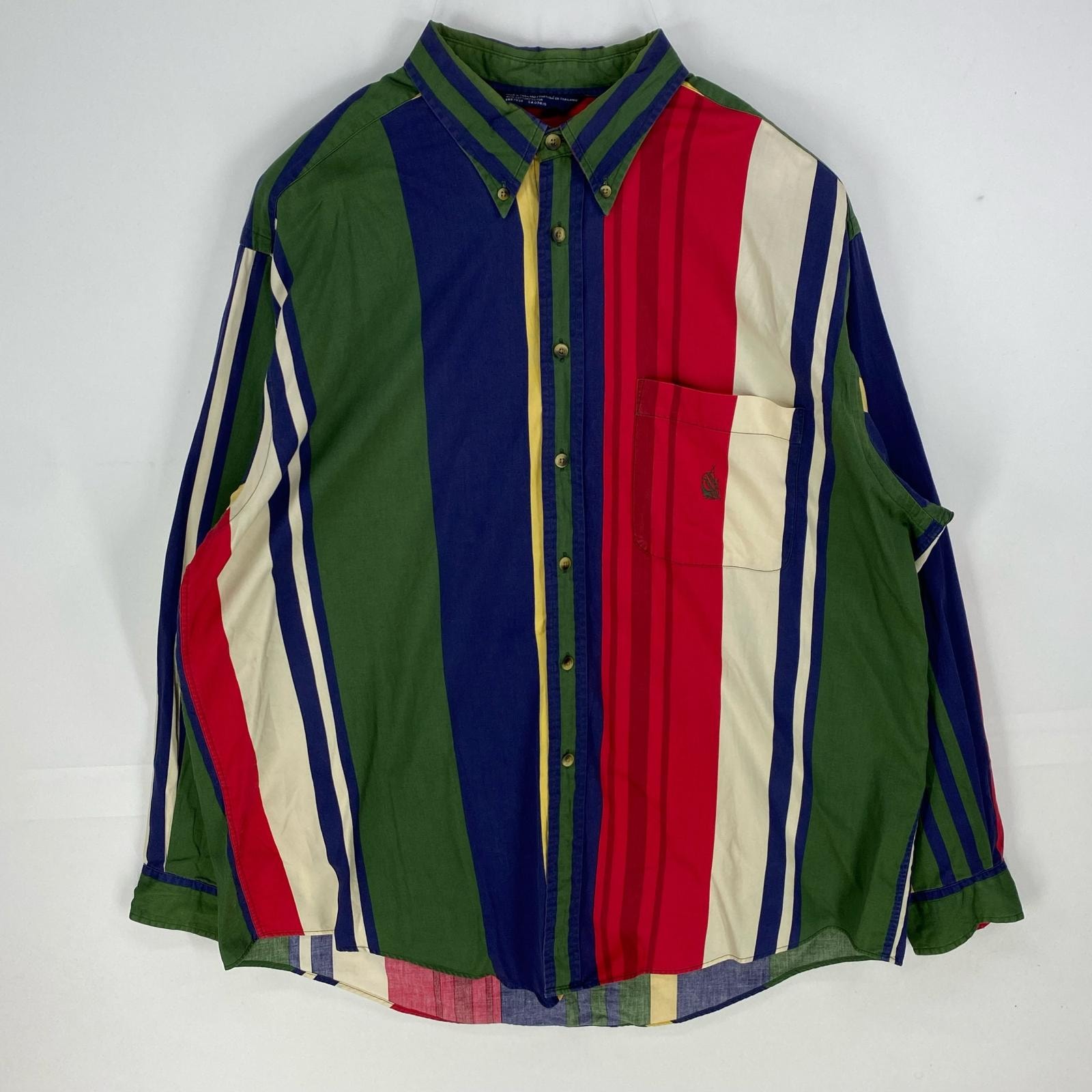 古着 90's/90年代 ノーティカ NAUTICA 長袖シャツ ワンポイントロゴロゴ刺繍 ボタンダウン XL グリーン系 ストライプ メンズ
