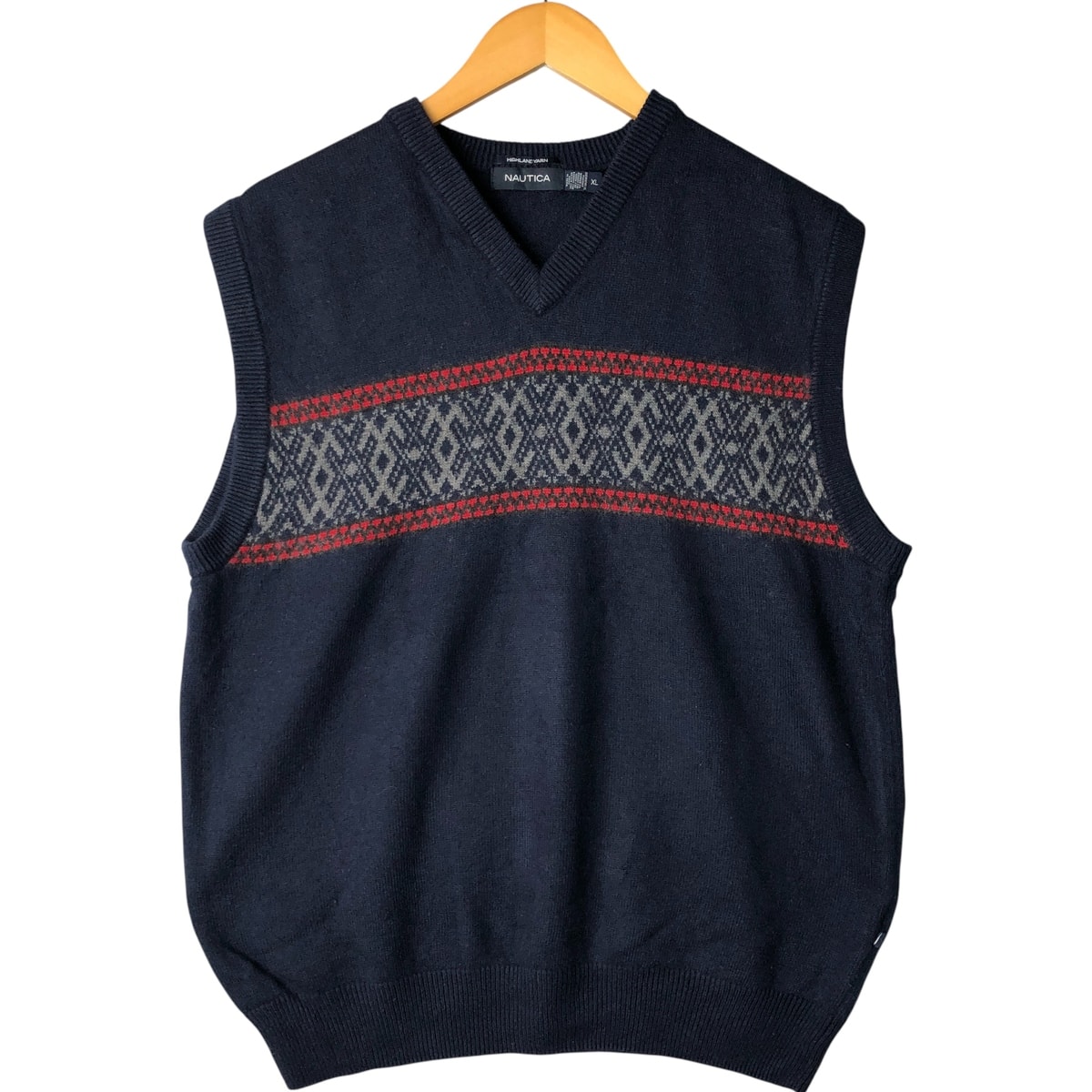 古着 ノーティカ NAUTICA HIGHLAND YARN 総柄 カシミア混 Vネック ニットベスト メンズXL相当/eaa495409