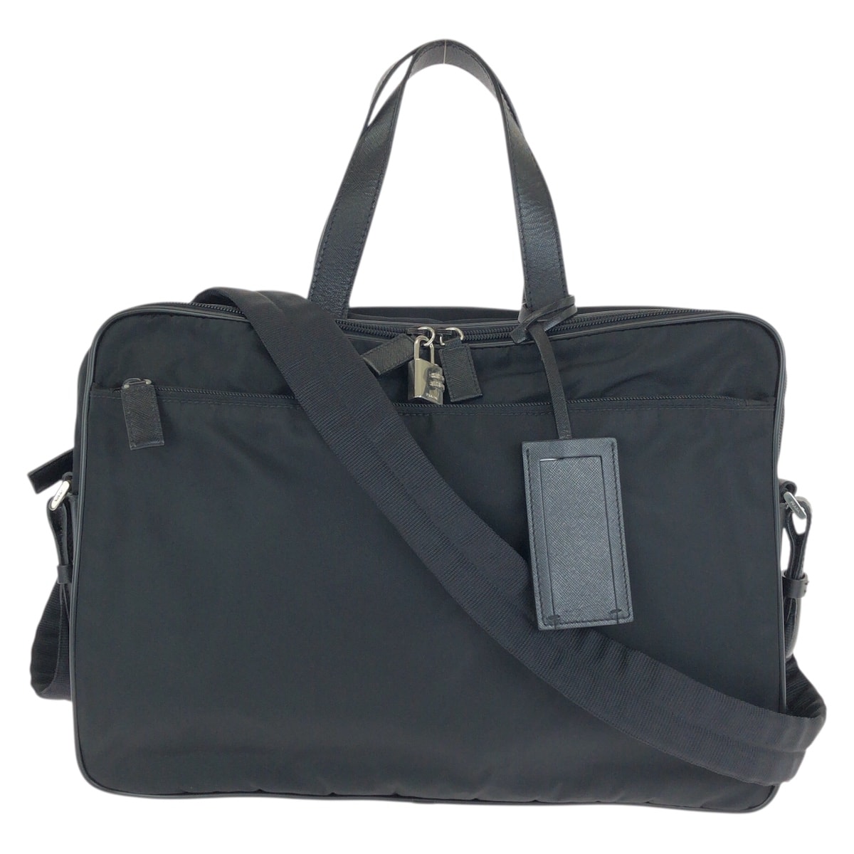 美品 PRADA プラダ テスート サフィアーノ 三角ロゴプレート 2way ブラック 黒 シルバー金具 ナイロン レザー/ ビジネスバッグ ブリーフケース ショルダーバッグ 601636 【中古】