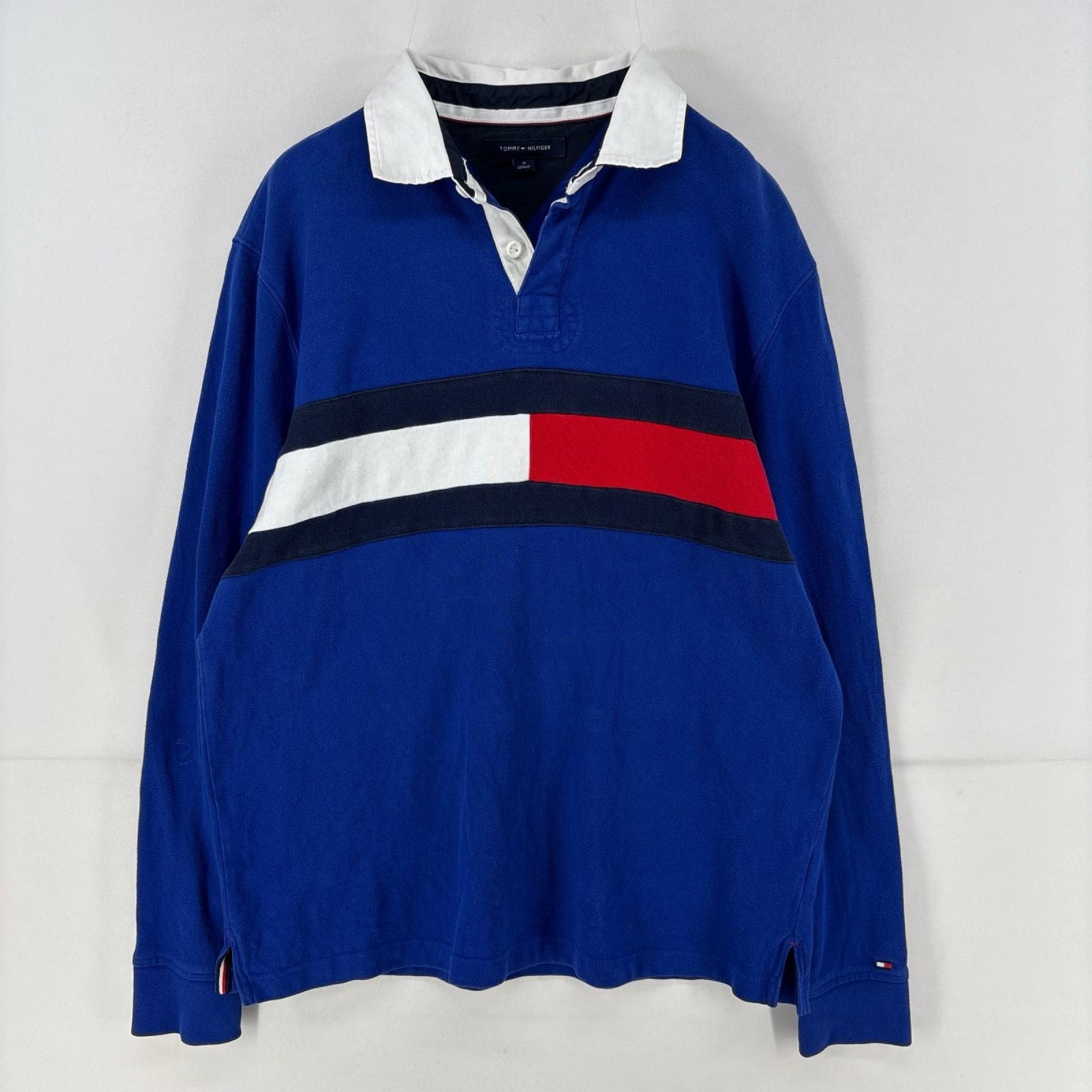 古着 トミーヒルフィガー TOMMY HILFIGER 長袖シャツ ワンポイント ラガーシャツ ロゴ フラッグ 刺繍 ラグビーシャツ M  ブルー メンズ
