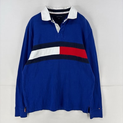 古着 トミーヒルフィガー TOMMY HILFIGER 長袖シャツ ワンポイント ラガーシャツ ロゴ フラッグ 刺繍 ラグビーシャツ M ブルー メンズ