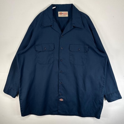 古着 90's/90年代 ディッキーズ Dickies 長袖シャツ ワーク 作業着 フラップポケ 大きいサイズ USA製 ワンポイント ロゴ 2XL ネイビー 無地 メンズ