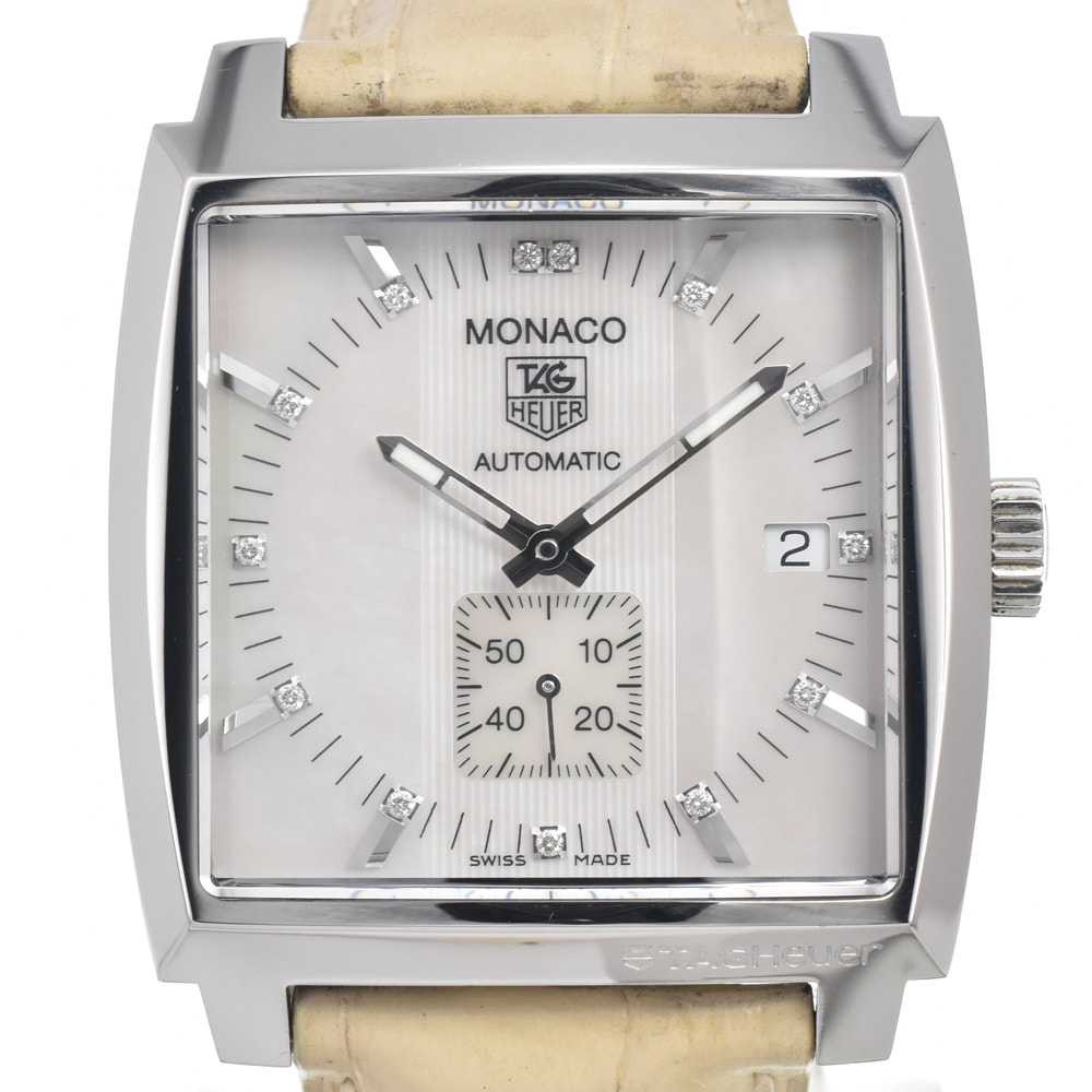タグホイヤー TAG HEUER WW2113 モナコ スモールセコンド デイト ホワイトシェル 自動巻き メンズ 腕時計 E#147170