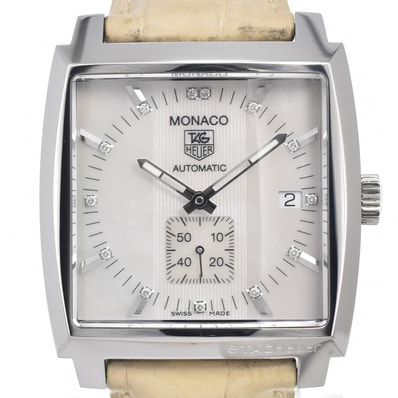 タグホイヤー TAG HEUER WW2113 モナコ スモールセコンド デイト ホワイトシェル 自動巻き メンズ 腕時計 E#147170