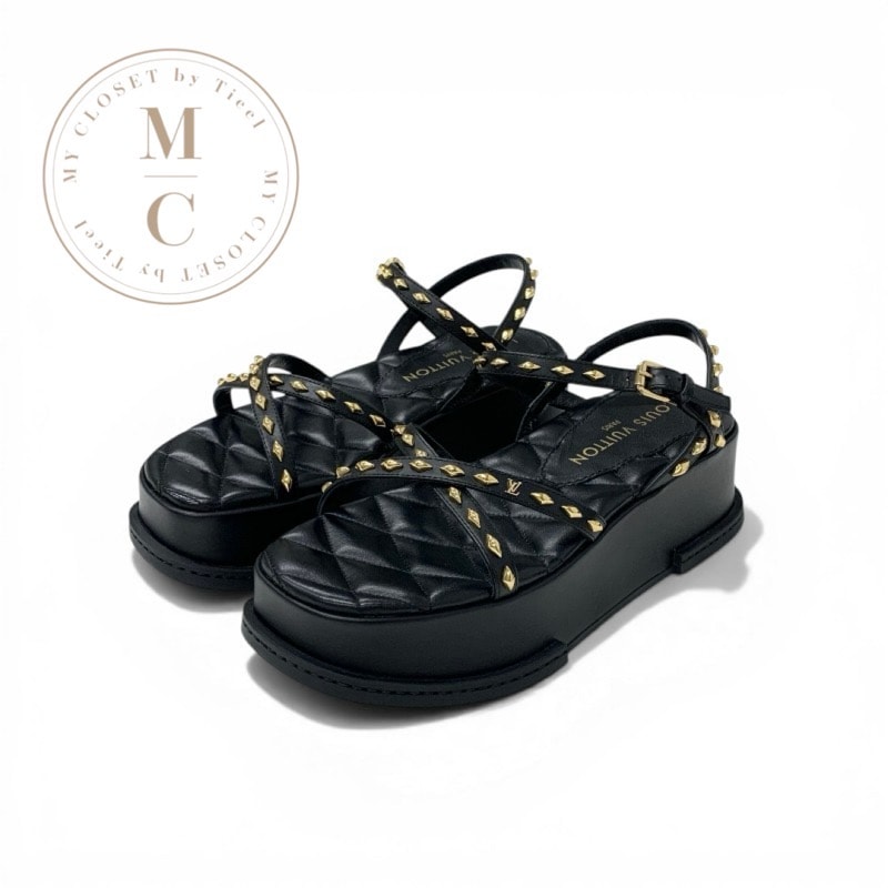 ルイヴィトン LOUIS VUITTON マヤライン サンダル 靴 シューズ レザー ブラック ゴールド LVロゴ スタッズ ストラップ プラットフォーム