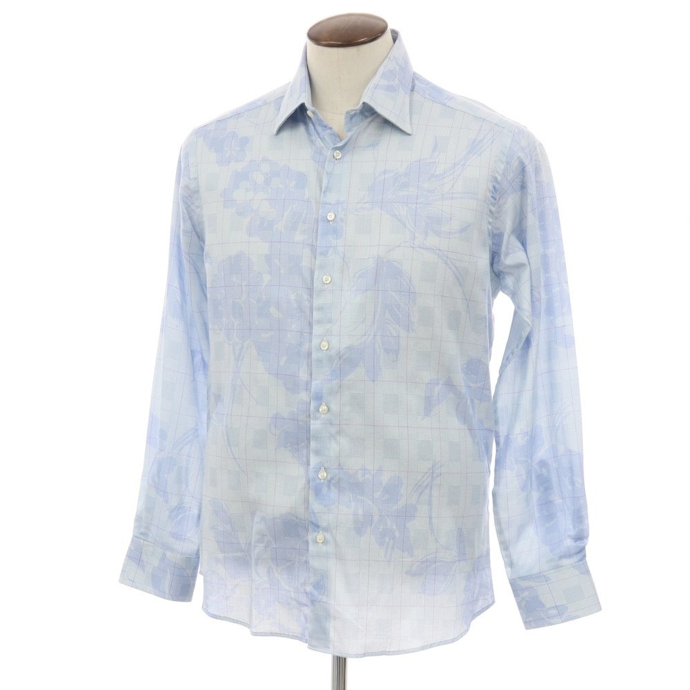 【中古】エトロ ETRO コットン チェック&花柄 プリント レギュラーカラー カジュアルシャツ ライトブルー【サイズ41】【メンズ】