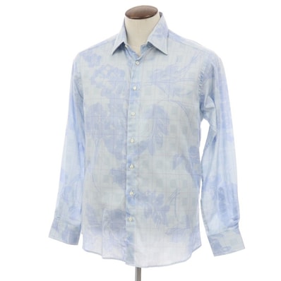 【中古】エトロ ETRO コットン チェック&花柄 プリント レギュラーカラー カジュアルシャツ ライトブルー【サイズ41】【メンズ】