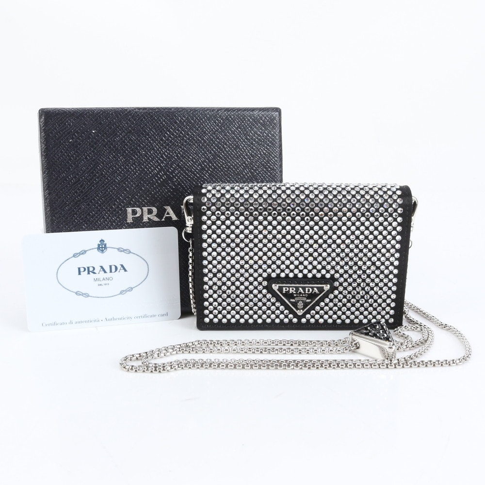 ■未使用 プラダ 三角ロゴ ラインストーン チェーン ショルダー