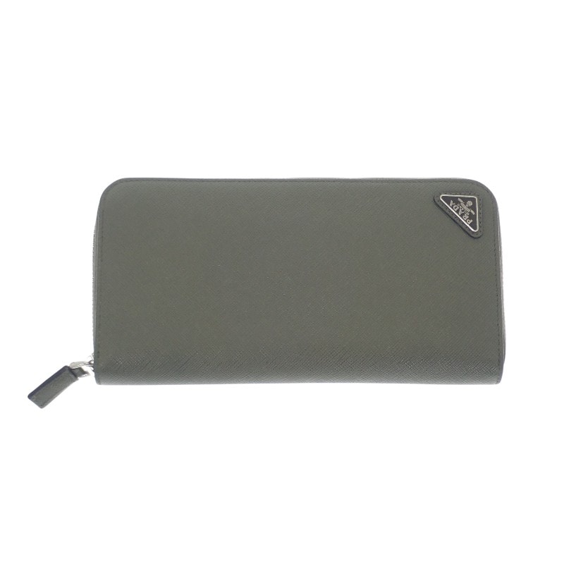 プラダ PRADA ジップアラウンドウォレット 2ML317_QHH_F0466 長財布 サフィアーノ グリーン シルバー金具 メンズ ユニセックス【中古】【ABランク】