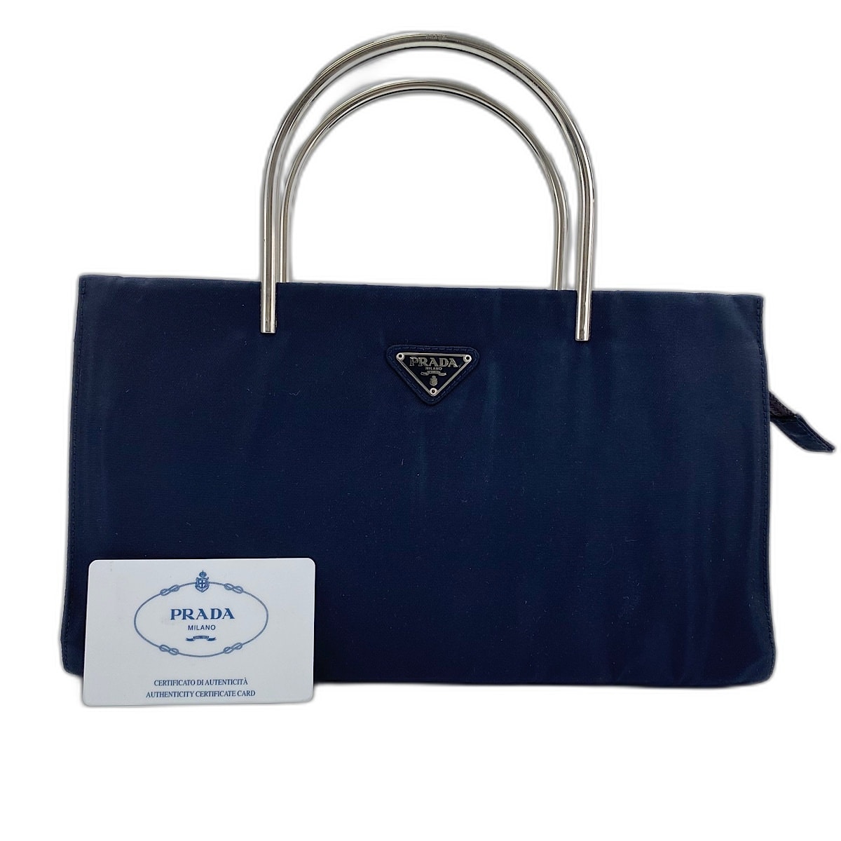 プラダ PRADA メタルハンドル 三角プレート ハンドバッグ ナイロン【中古】