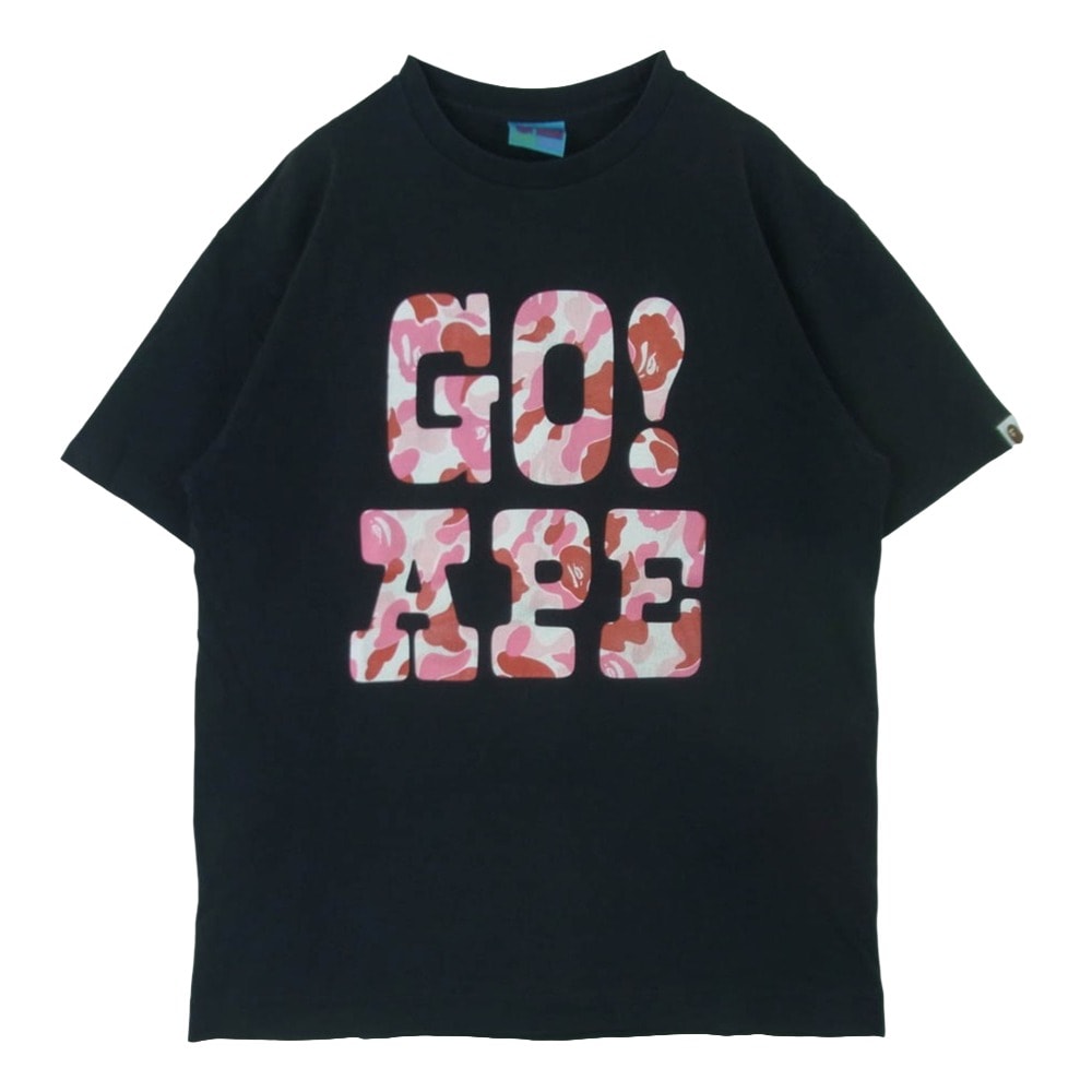 A BATHING APE アベイシングエイプ GO APE 迷彩 ロゴ プリント Tシャツ 半袖 コットン 日本製 ブラック系 L【中古】