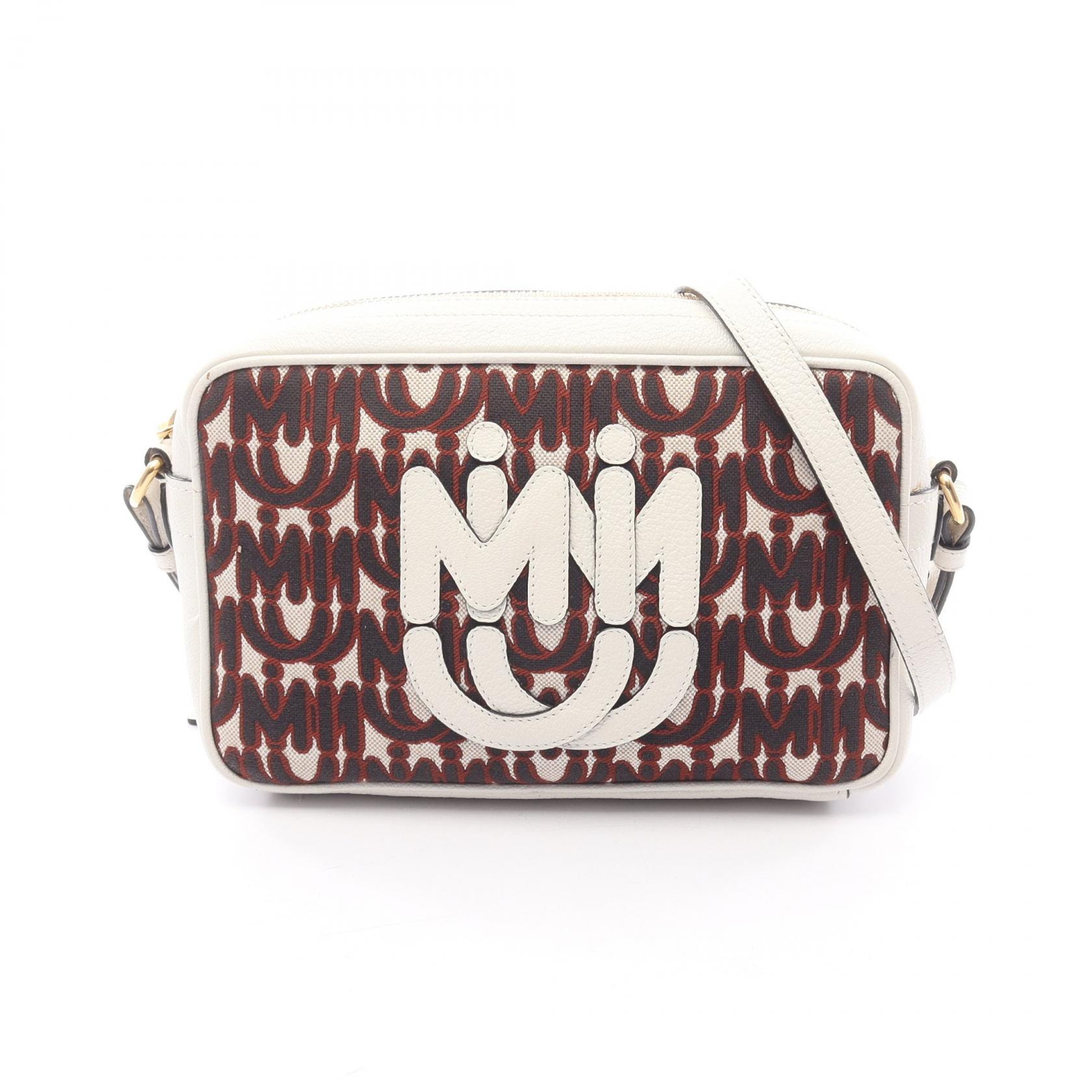 ミュウ ミュウ Miu Miu ロゴ ジャガード ショルダーバッグ バッグ キャンバス レザー レディース ホワイト系 / ブラック系 / ブラウン系 【中古】