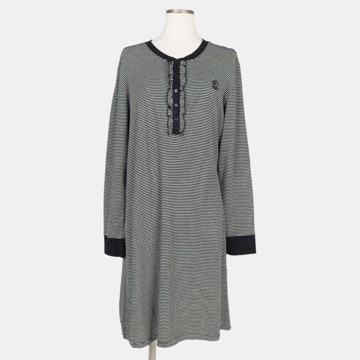 古着 ラルフローレン Ralph Lauren LAUREN ローレン ボーダー柄 ハーフ丈 フリル付き ヘンリーネック長袖 ワンピース レディースXL相当/eaa383848