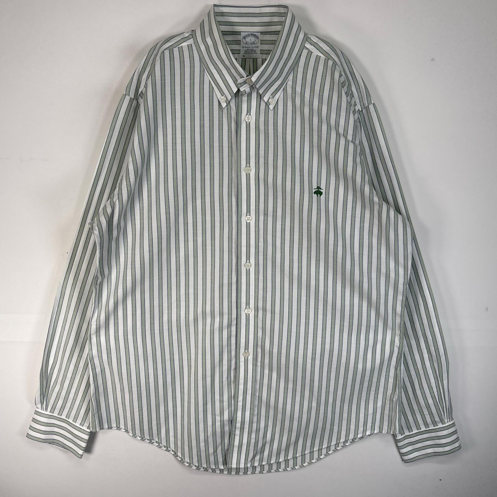 古着 ブルックスブラザーズ Brooks Brothers 長袖シャツ ロゴ 刺繍 ストライプ オックスフォード L グリーン系 マルチカラー メンズ