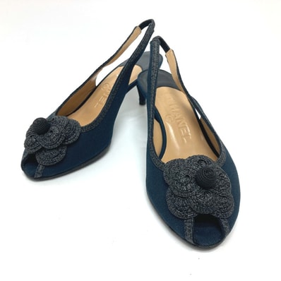 シャネル CHANEL カメリア オープントゥパンプス パンプス 靴 パンプス キャンバス ブラック