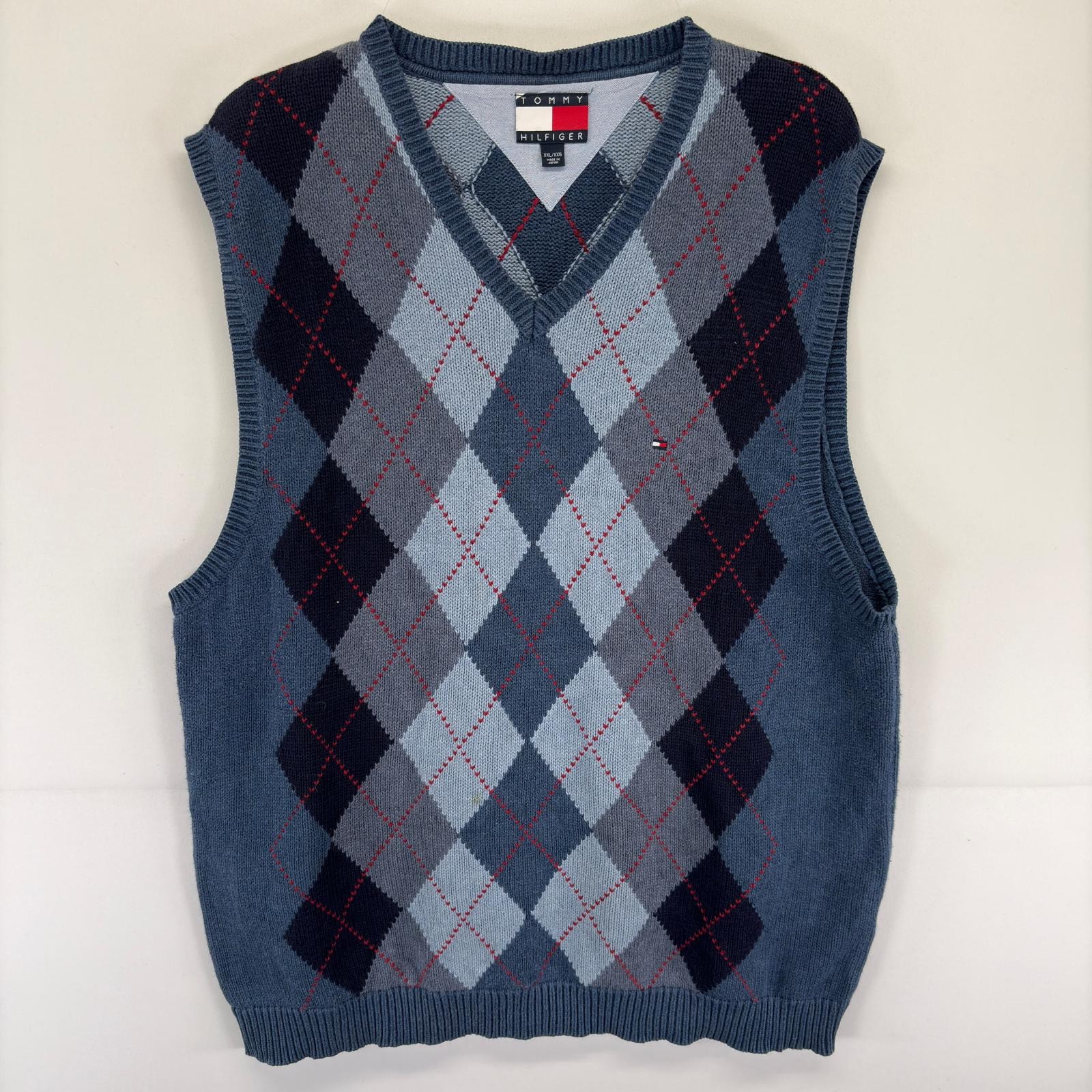 古着 トミーヒルフィガー TOMMY HILFIGER ベスト ニット 大きいサイズ ワンポイント刺繍ロゴ アーガイル柄 2XL ブルー系 メンズ