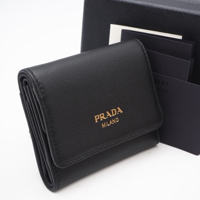 極美品 PRADA プラダ ポルタ ピッコロ パッティーナ ソフトレザー プリントロゴ コンパクトウォレット ネロ 1MH043 三つ折り財布 ブラック カーフレザー レディース