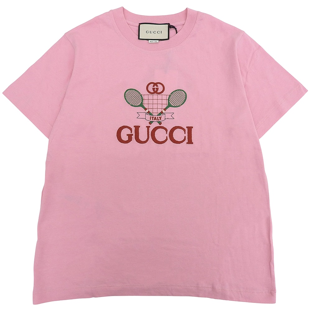 グッチ 新品同様 テニス 刺しゅう ロゴ Tシャツ トップス レディース ピンク S 580762 S