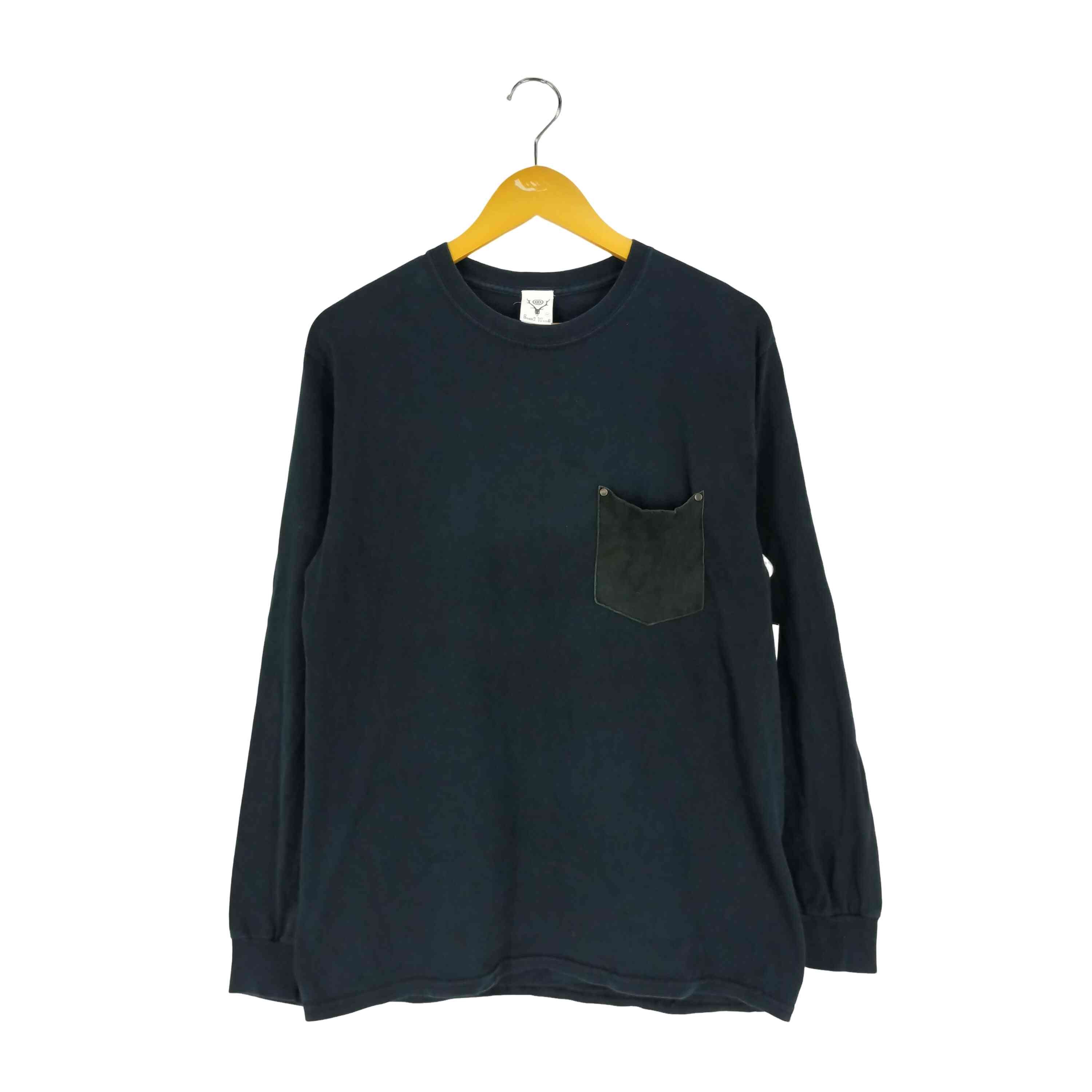 レザーポケット クルーネック ロングスリーブ Tシャツ【1139689568965】