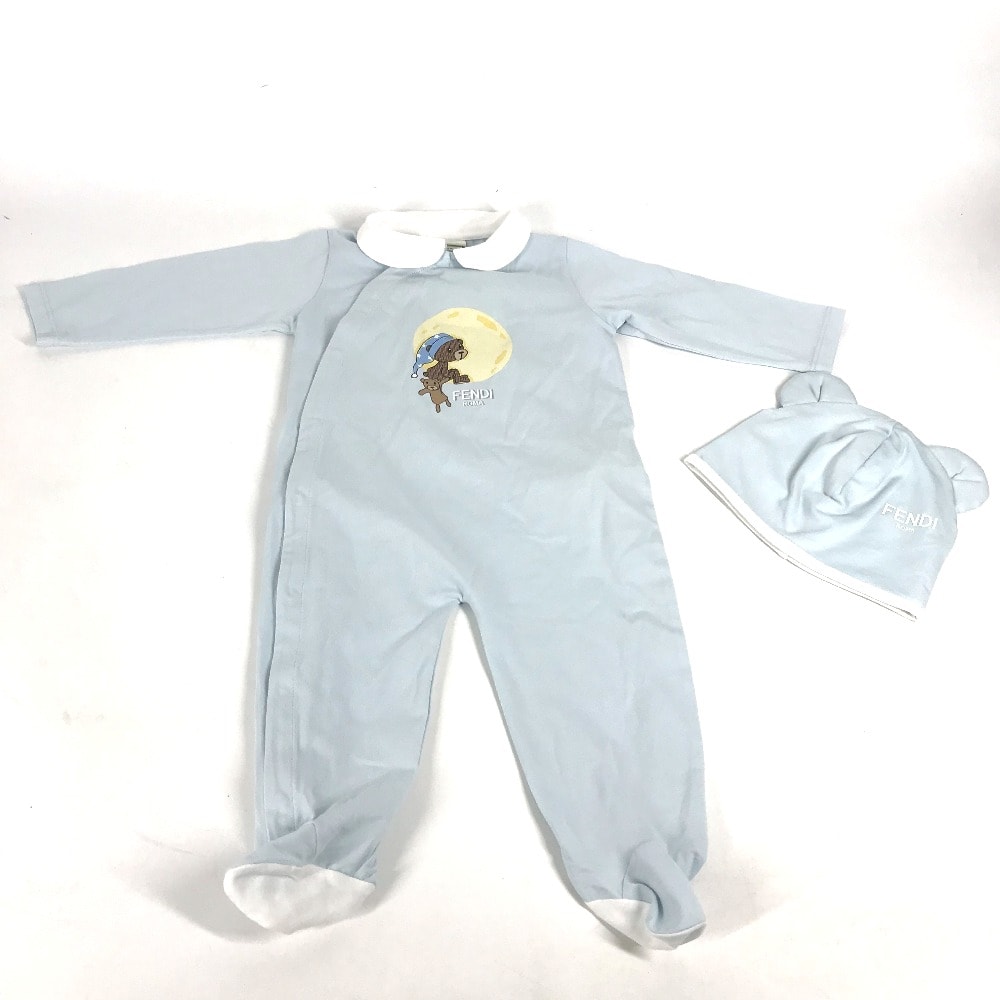 フェンディ FENDI ズッカ ベア ロンパース&ニット帽セット BUK114 ベビー BABY 赤ちゃん 帽子 テディベア セット 服 トップス ニット帽 コットン ブルー 新品同様