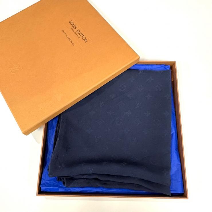 ルイヴィトン LOUIS VUITTON モノグラム スカーフ M71138 カレモナコ シルク ネイビー【鑑定済み】正規品