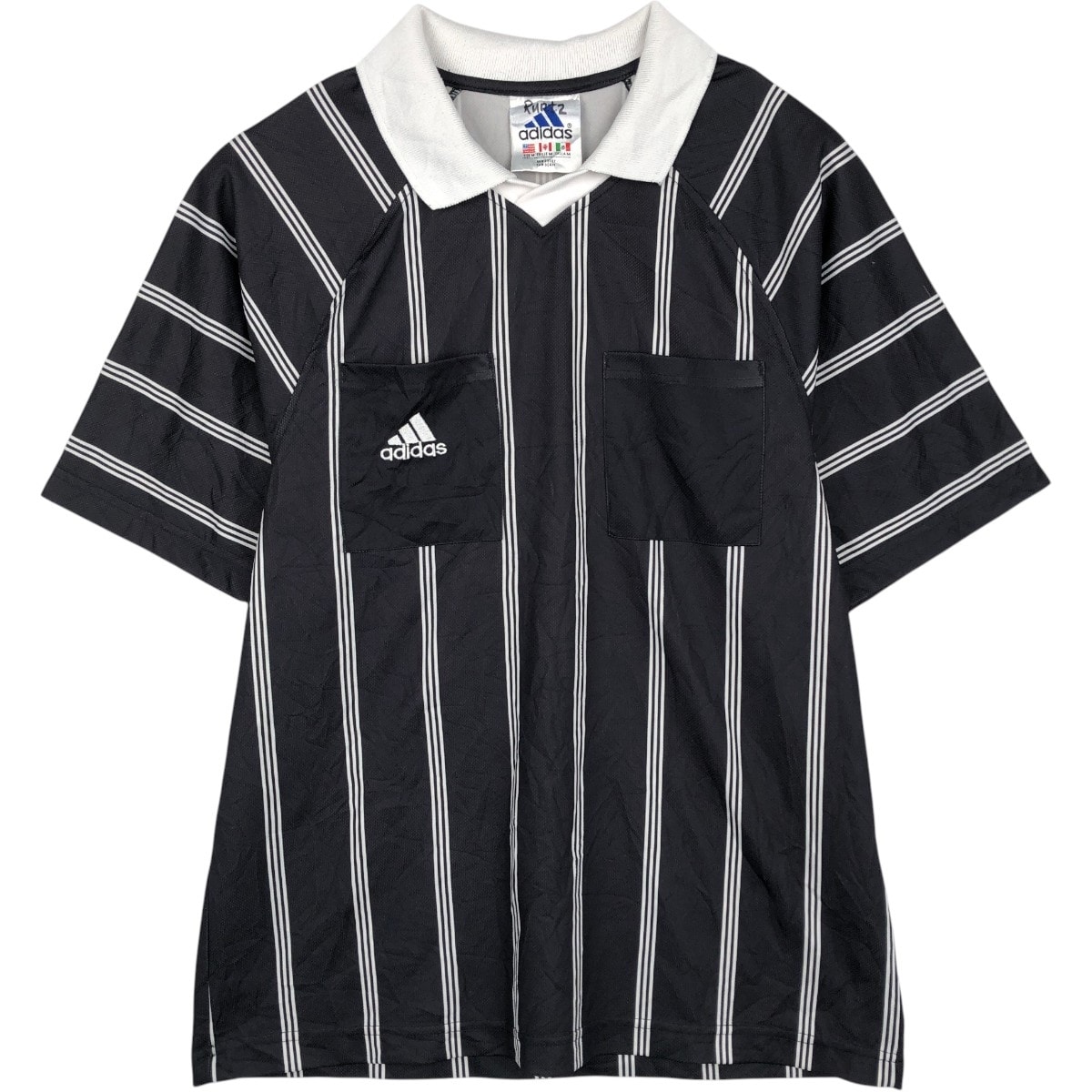 古着 90年代 アディダス adidas ストライプ柄 マルチストライプ Vネック 襟付きメッシュ レフェリーシャツ サッカーユニフォーム ゲームシャツ USA製 メンズM相当 ヴィンテージ/eaa657359
