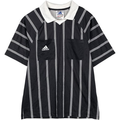 古着 90年代 アディダス adidas ストライプ柄 マルチストライプ Vネック 襟付きメッシュ レフェリーシャツ サッカーユニフォーム ゲームシャツ USA製 メンズM相当 ヴィンテージ/eaa657359