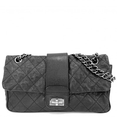 CHANEL シャネル ショルダーバッグ マトラッセ 2.55 ターンロック 肩掛け キャビアスキン ブラック 黒 シルバー金具 レディース【中古品】