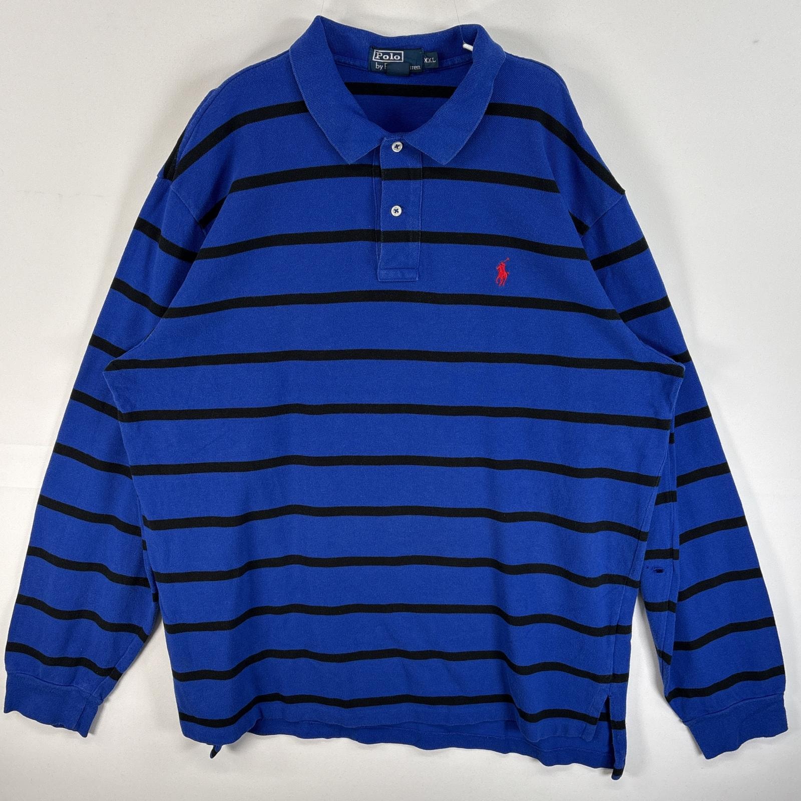 古着 90's/90年代 ポロバイラルフローレン Polo by Ralph Lauren 鹿の子 長袖 ポロシャツ ワンポイント ロゴ 刺繍 大きいサイズ 2ボタン 14041  ブルー系 ボーダー メンズ