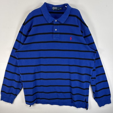 古着 90's/90年代 ポロバイラルフローレン Polo by Ralph Lauren 鹿の子 長袖 ポロシャツ ワンポイント ロゴ 刺繍 大きいサイズ 2ボタン 14041 ブルー系 ボーダー メンズ