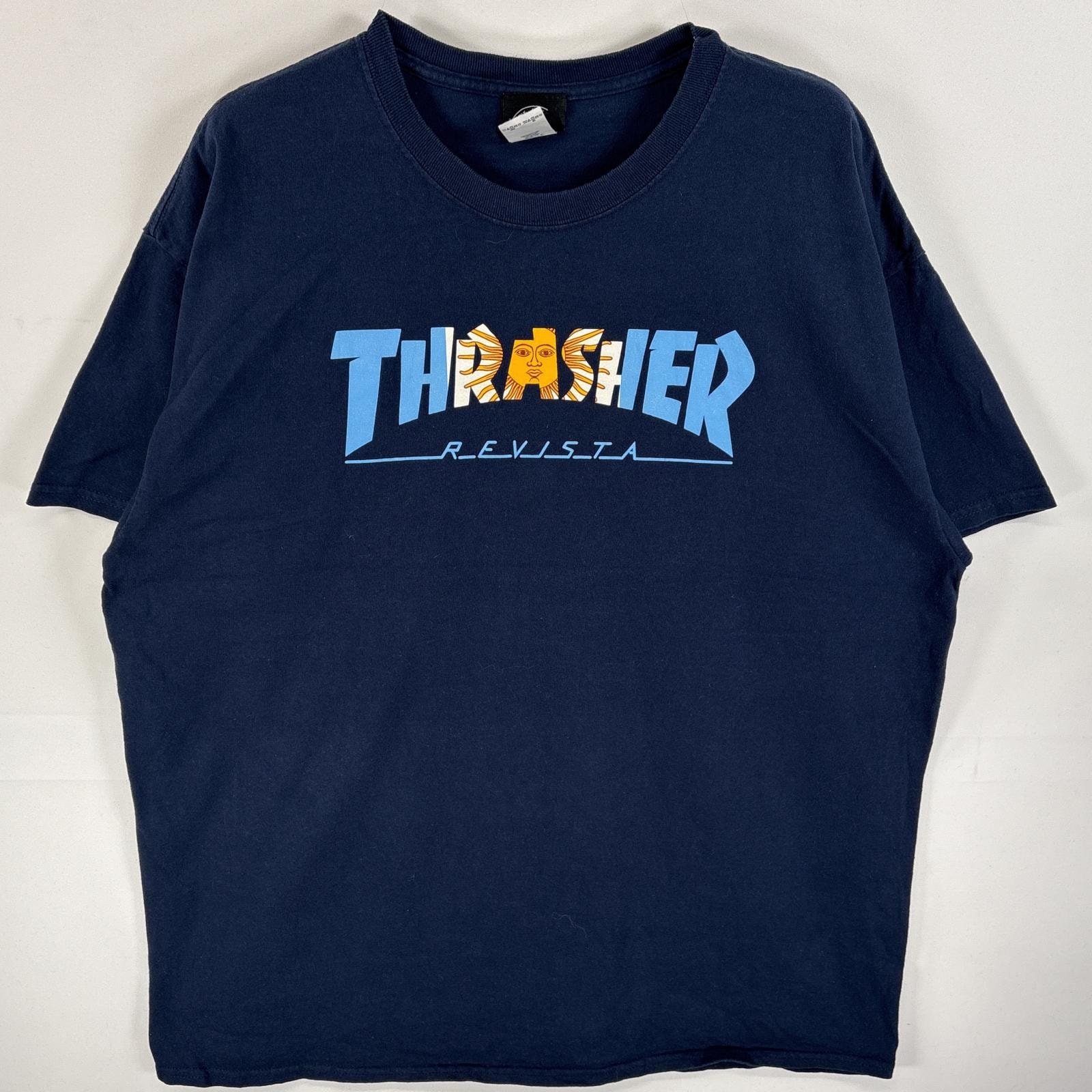 古着 スラッシャー THRASHER 半袖Tシャツ ラバーロゴプリント アルゼンチン国旗 スケボー XL  ネイビー メンズ