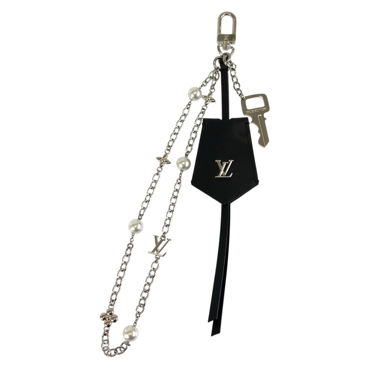 超美品 LOUIS VUITTON ルイヴィトン LV イニシャル ミッドナイトパールスタッキング ブラック 黒 シルバー レザー キーホルダー バッグチャーム 602686 【中古】