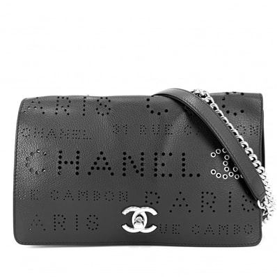 CHANEL シャネル ショルダーバッグ パンチングロゴ 肩掛け 斜め掛け チェーンショルダー ココマーク レザー ブラック 黒 シルバー金具 レディース【中古品】