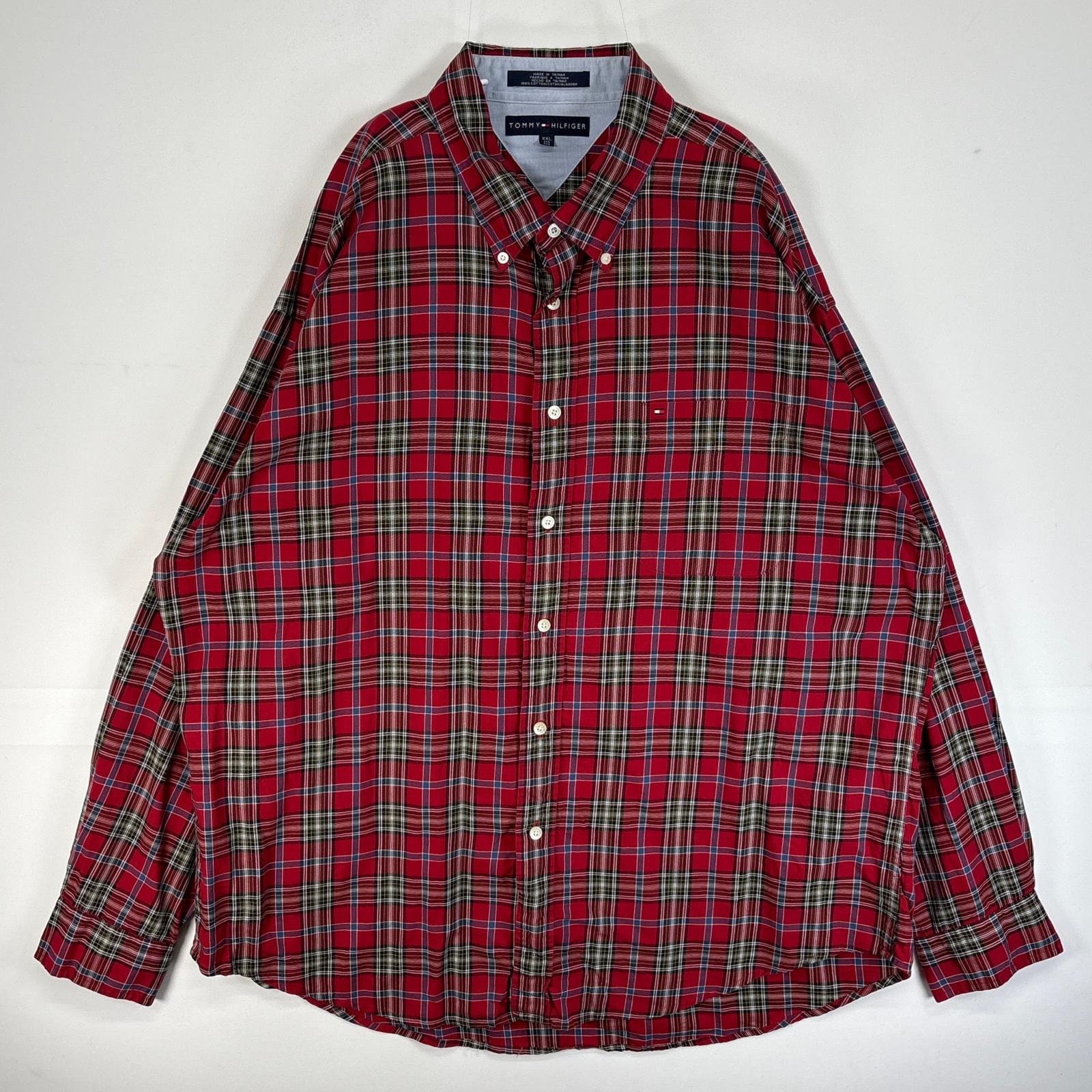 古着 トミーヒルフィガー TOMMY HILFIGER 長袖シャツ ロゴ 刺繍 チェック 大きいサイズ 14041 レッド マルチカラー メンズ