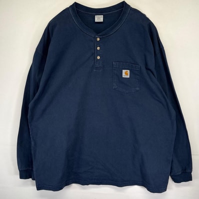 古着 カーハート Carhartt 長袖Tシャツ ヘンリーネック ロンT ワンポイントロゴ 胸ポケット 大きいサイズ 2XL ネイビー メンズ