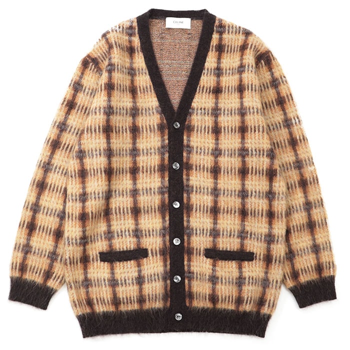 【美品】 セリーヌ モヘア カーディガン チェック柄 ニット メンズ ブラウン系 L CELINE