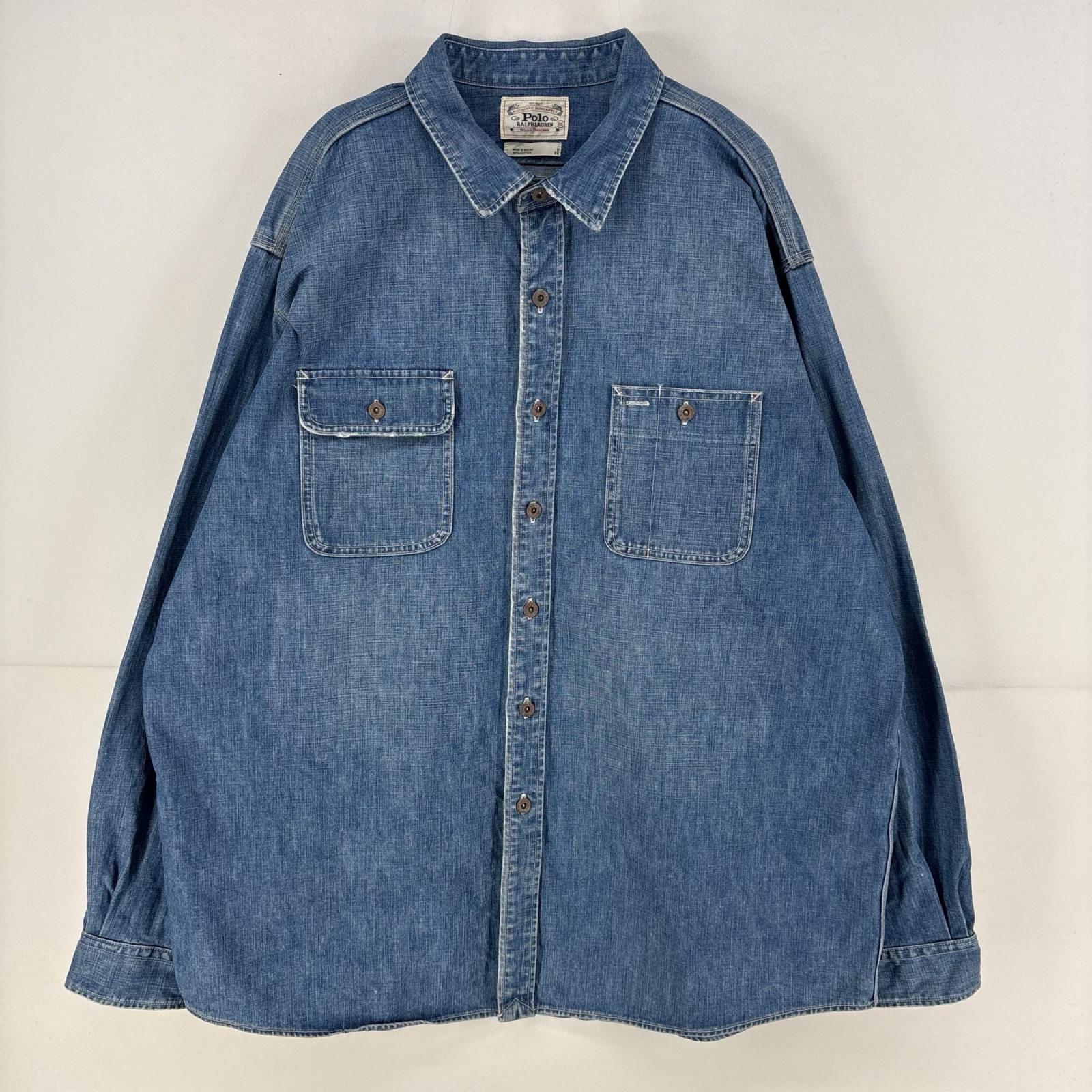 古着 ポロ・ラルフローレン POLO RALPH LAUREN 長袖シャツ 大きいサイズ デニムシャツ ボタンフライ 白タグ 2XL  ブルー系 無地 メンズ