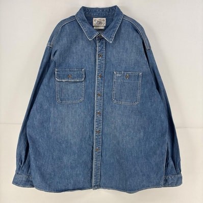 古着 ポロ・ラルフローレン POLO RALPH LAUREN 長袖シャツ 大きいサイズ デニムシャツ ボタンフライ 白タグ 2XL ブルー系 無地 メンズ