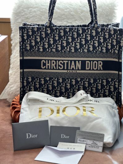 Dior Book Tote Medium Bag Oblique Embroidery "Ecru/Blue"