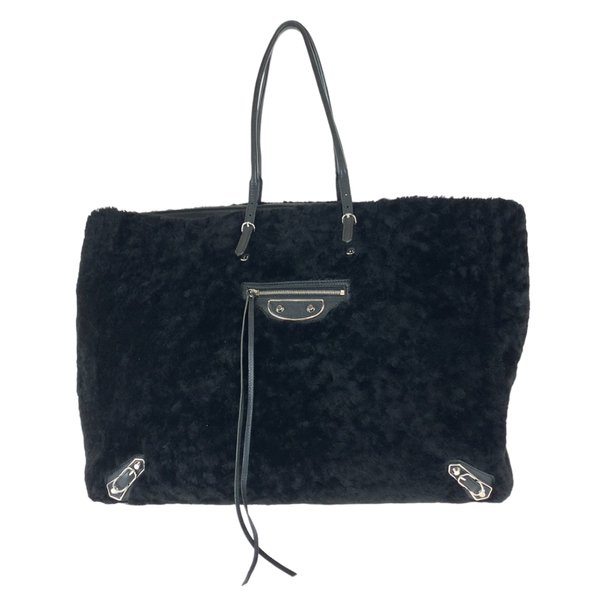 美品 BALENCIAGA バレンシアガ ペーパー ブラック 黒 シルバー金具 ムートン レザー/ トートバッグ ハンドバッグ 504547 【中古】