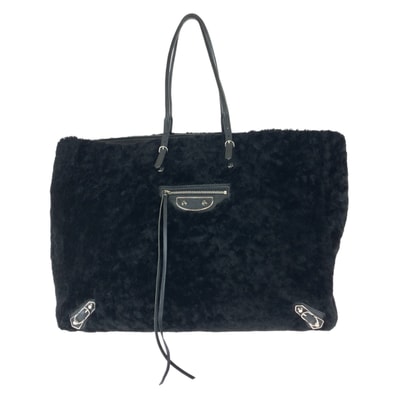 美品 BALENCIAGA バレンシアガ ペーパー ブラック 黒 シルバー金具 ムートン レザー/ トートバッグ ハンドバッグ 504547 【中古】