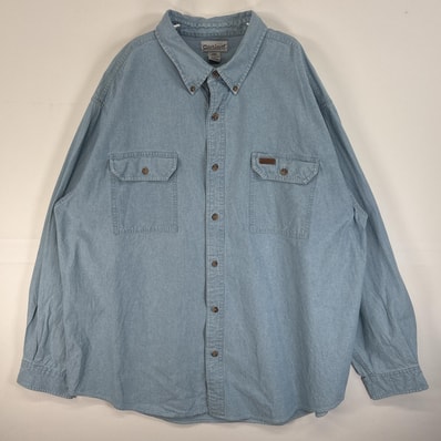 古着 カーハート Carhartt 長袖シャツ フラップポケ ワンポイント ロゴ レザーパッチ 大きいサイズ 2XL 水色 無地 メンズ