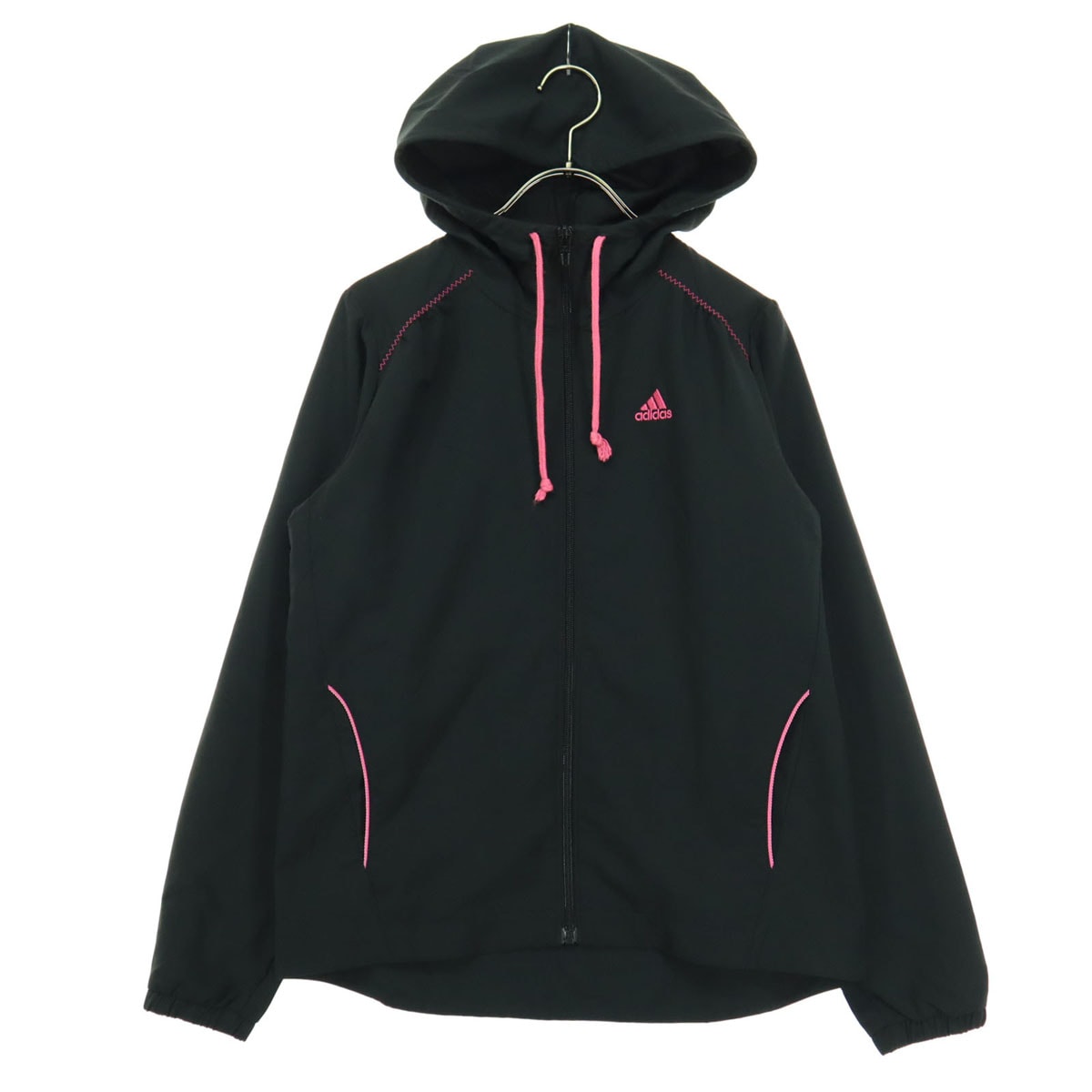 美品 adidas アディダス ロゴ刺繍 長袖 ウインドブレーカー M ブラック フーディー